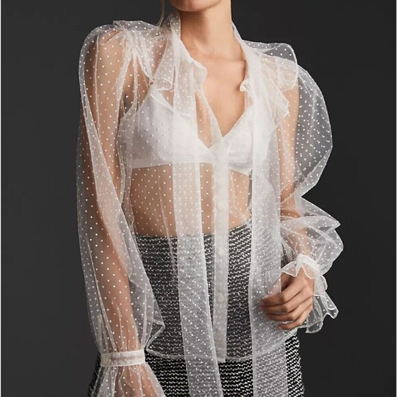Anthropologie Dolan White Sheer Swiss Dot Tie-Neck Button Up Top Small - Picture 2 of 10